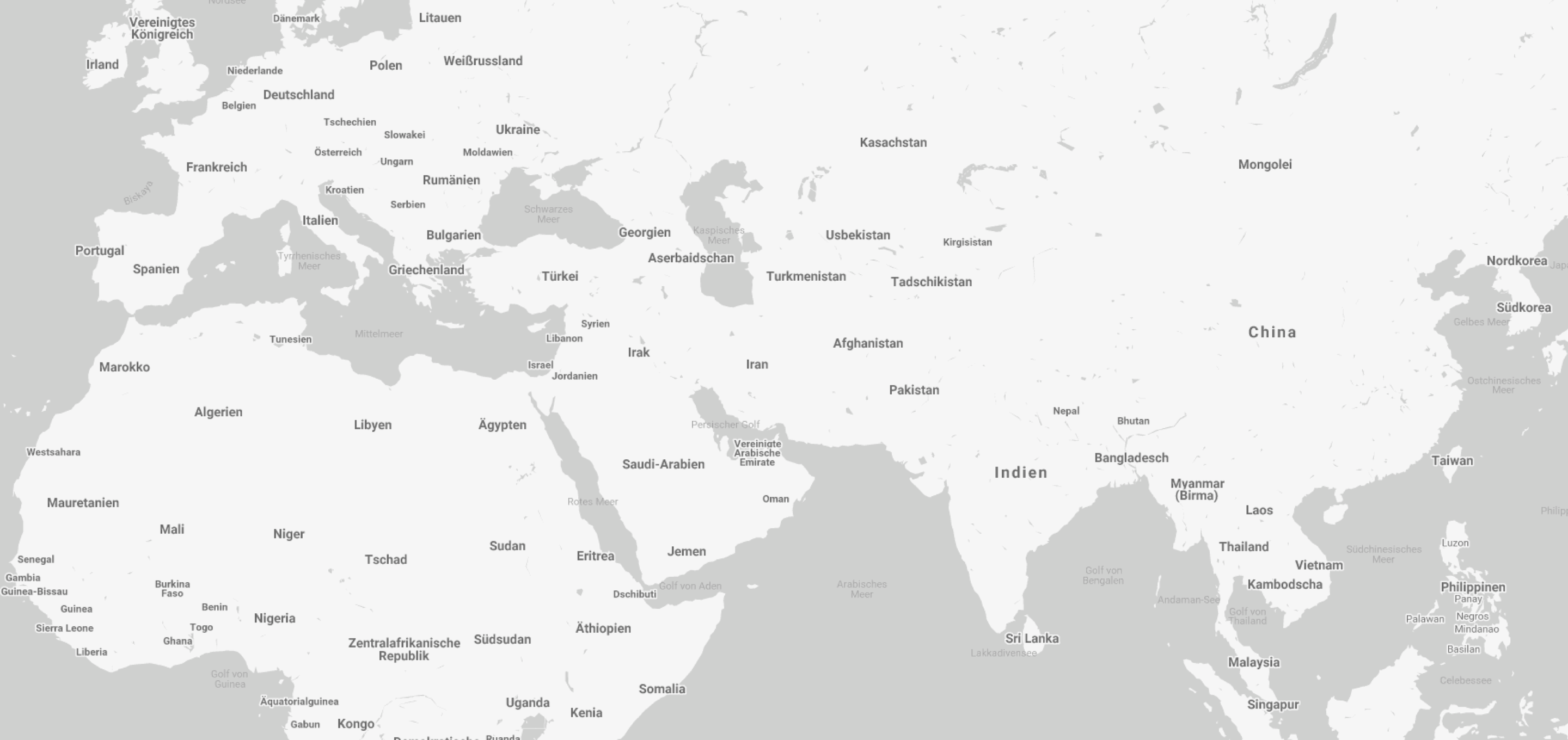 Ausschnitt einer Weltkarte die Afrika, Europa und Asien zeigt.